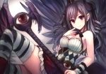  1girl argyle bare_shoulders bird_wings black_wings drill_hair earrings finger_to_mouth grey_hair idolmaster idolmaster_cinderella_girls jewelry kamanatsu kanzaki_ranko long_hair looking_at_viewer pointy_ears red_eyes solo staff striped striped_legwear twin_drills wings 