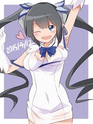  1girl 2015 ;d arm_up black_hair blush breasts cleavage dated dungeon_ni_deai_wo_motomeru_no_wa_machigatteiru_darou_ka gloves hair_ribbon hestia_(danmachi) long_hair one_eye_closed open_mouth purple_background quriltai rei_no_himo ribbon smile solo twintails white_gloves 