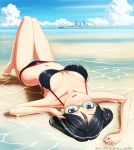  1girl beach bikini black_eyes black_hair glasses highres kama_iruka kantai_collection kirishima_(kantai_collection) lying short_hair swimsuit 