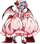  1girl baba_(baba_seimaijo) bat_wings blue_hair bow bubble_skirt fang frilled_skirt frills full_body hat hat_ribbon highres jpeg_artifacts long_skirt long_sleeves looking_away mob_cap open puffy_sleeves red_eyes remilia_scarlet ribbon shirt shoes short_hair simple_background skirt skirt_hold skirt_set smile socks solo touhou white_background white_legwear wings 