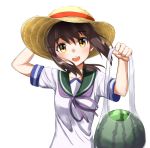  1girl ame. arm_up brown_eyes brown_hair food fruit fubuki_(kantai_collection) hand_behind_head hat kantai_collection long_hair looking_at_viewer open_mouth ponytail school_uniform serafuku simple_background smile sun_hat watermelon white_background 