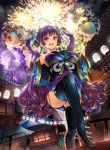  1girl :d absurdres architecture boots breasts east_asian_architecture fireworks highres japanese_clothes kimono lantern long_hair neo-masterpeacer night open_mouth original paper_lantern pink_eyes purple_hair short_kimono smile solo thigh-highs thigh_boots twintails very_long_hair wakizashi 