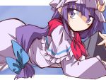  1girl book capelet crescent dress hemogurobin_a1c long_hair long_sleeves low-tied_long_hair lying mob_cap on_stomach patchouli_knowledge purple_dress purple_hair solo touhou very_long_hair violet_eyes wide_sleeves 