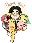  3boys artist_request iwata_satoru kirby link mario multiple_boys nintendo pikachu pokemon pokemon_(creature) super_mario_bros. super_smash_bros. tagme the_legend_of_zelda 