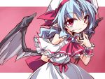  1girl ascot bat_wings blue_hair brooch dress grin hemogurobin_a1c jewelry looking_at_viewer mob_cap pink_eyes pointy_ears remilia_scarlet sash smile solo touhou white_dress wings wrist_cuffs 