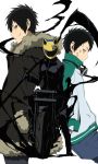  back-to-back black_hair celty_sturluson compression_artifacts durarara!! female goggles goggles_around_neck goggles_removed high_resolution low_quality male motor_vehicle motorcycle official_art orihara_izaya ryuugamine_mikado scythe short_hair vehicle very_high_resolution weapon 