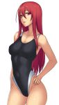  1girl breasts collarbone competition_swimsuit covered_navel cowboy_shot hair_between_eyes hand_on_hip highres katagiri_(a1466502) long_hair looking_at_viewer one-piece_swimsuit original red_eyes redhead simple_background solo swimsuit very_long_hair white_background 