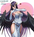  1girl albedo black_wings breasts demon_girl detached_collar gloves gtunver heart heart_hands highres horns long_hair looking_at_viewer overlord_(maruyama) purple_hair smile solo white_gloves wings yellow_eyes 