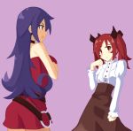  2girls bare_shoulders belt blue_hair blush_stickers breast_hold breasts choker crossed_arms crossover crying crying_with_eyes_open dress duel_masters earrings flat_chest hair_ribbon jewelry large_breasts laura_furinousu long_hair long_skirt multiple_girls original red_eyes redhead ribbon sai_(bankoru) short_dress skirt strapless_dress tasogare_mimi teardrop tears 