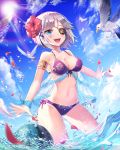  :d bikini blue_eyes blurry blush breasts cleavage clouds depth_of_field eyepatch feathers fisheye flower hair_flower hair_ornament hair_ribbon highres iri_flina lens_flare navel open_mouth outstretched_arms outstretched_hand purple_bikini ribbon see-through shiny shiny_skin shoonear short_hair side-tie_bikini silver_hair sky smile sparkle sun sunlight swimsuit sword_girls wading 