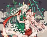  2girls 5:4_aspect_ratio bow closed_mouth dress duo ex-keine female fujiwara_no_mokou green_dress green_hair green_outfit hair_bow high_resolution horns kamishirasawa_keine long_hair long_sleeves looking_at_viewer multiple_girls open_mouth pants pixiv_id_8890590 png_conversion puffy_sleeves red_eyes red_neckwear red_pants scroll shirt short_sleeves smile suspenders touhou white_bow white_hair white_shirt 