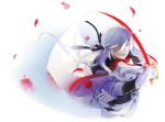  bow fangs ferid_bathory flower hair_bow high_resolution long_hair long_ponytail male nacura owari_no_seraph ponytail red_eyes rose_(flower) solo sword water weapon white_hair 
