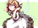  1girl blonde_hair dress drill_hair fairy_wings hat hemogurobin_a1c looking_at_viewer luna_child puffy_short_sleeves puffy_sleeves red_eyes sash short_sleeves solo touhou white_dress wings 