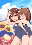  2girls :d beach brown_eyes brown_hair clouds cloudy_sky fang flower folded_ponytail hair_ornament hairclip highres hug hug_from_behind ikazuchi_(kantai_collection) inazuma_(kantai_collection) innertube kantai_collection multiple_girls name_tag namekuzi_mame ocean open_mouth school_swimsuit short_hair sky smile summer sunflower swimsuit 