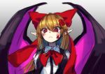 1girl bat_wings berabou blonde_hair blush bowtie colored elis_(touhou) facepaint flower gradient gradient_background grey_background hair_flower hair_ornament hair_ribbon long_hair looking_at_viewer looking_down pointy_ears red_eyes ribbon shirt sketch solo star touhou touhou_(pc-98) upper_body vest wings 