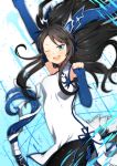  1girl absurdres akiranme black_hair blue_eyes china_dress chinese_clothes dragon_girl dragon_horns dragon_tail elbow_gloves fingerless_gloves gloves head_fins highres horns karin_(p&amp;d) long_hair open_mouth pantyhose puzzle_&amp;_dragons tail 