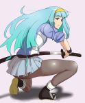  1girl aqua_eyes aqua_hair hairband katana long_hair one_knee pantyhose sheath shimo_(yatagarasu) skirt sleeves_pushed_up solo sword tabi track_jacket unsheathing weapon wristband yatagarasu_(game) 