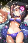  1girl bat_print bikini bikini_bottom bikini_top breasts eyepatch flower hair_flower hair_ornament iri_flina navel red_eyes short_hair silver_hair swimsuit sword_girls tattoo thighs wading water 