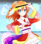  blue_eyes blush braids fan kousaka_honoka long_hair love_live!_school_idol_project orange_hair side_ponytail smile yukata 