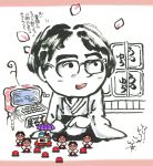  1boy black_hair cherry_blossoms computer glasses hiyo-sen iwata_satoru japanese_clothes mother_(game) smile solo traditional_media translation_request 