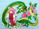  1girl arm_support bandaged_arm blouse blue_background chain cuffs double_bun dragon eastern_dragon fingernails flower ibaraki_kasen looking_at_viewer nail_polish parted_lips pink_eyes pink_hair pink_nails pink_rose rose shackles shii_a1 short_hair short_sleeves simple_background sitting skirt solo tabard touhou wariza 