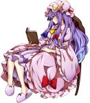  1girl baba_(baba_seimaijo) book bow chair crescent dress frills full_body hair_bow hair_ornament hat hat_bow highres long_hair long_sleeves looking_down mob_cap open_book patchouli_knowledge profile puffy_sleeves purple_hair reading simple_background sitting slippers solo striped striped_dress touhou transparent_background vest wide_sleeves 