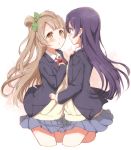  2girls blue_hair brown_hair cora_stt cropped_legs face-to-face hand_on_own_chest long_sleeves looking_at_another love_live!_school_idol_project minami_kotori multiple_girls school_uniform simple_background skirt sonoda_umi staring sweater white_background yellow_eyes yuri 