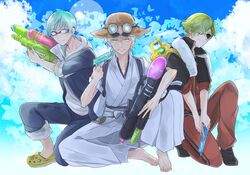  3boys aqua_hair funny_glasses glasses goggles green_hair hakama hoodie ichigo_hitofuri japanese_clothes male_focus mikanmochi multiple_boys one_knee sitting smile sunglasses touken_ranbu towel towel_around_neck track_suit tsurumaru_kuninaga uguisumaru water_gun white_hair yellow_eyes 