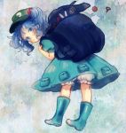 1girl backpack bag bent_over bloomers blue_eyes blue_hair boots from_behind hair_bobbles hair_ornament hat kawashiro_nitori looking_at_viewer looking_back puffy_sleeves rubber_boots screw shirt short_sleeves skirt skirt_set solo touhou twintails underwear yujup 