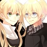  1:1_aspect_ratio black blonde blood_blockade_battlefront blue_eyes green_eyes hinata_(hinata_bokko) long_hair glasses short_hair smile twintails white 