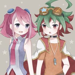  1:1_aspect_ratio ahoge blue_eyes duo exposed_shoulders female green_hair grey_background hiragi_yuzu jewelry male medium_hair multicolored_hair necklace necktie pink_hair red_eyes redhead sakaki_yuuya shiagi_(pixiv1245394) shirt simple_background sleeveless sleeveless_shirt twintails two-tone_hair yu-gi-oh! yu-gi-oh!_arc-v 