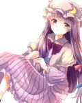  bent_knees bow collar_(clothes) dress expressionless female frills hat light_background long_hair long_sleeves looking_at_viewer mob_cap moon_(symbol) patchouli_knowledge pixiv_id_2634034 purple_hair simple_background sitting solo striped striped_dress striped_print touhou violet_eyes white_background wide_sleeves 