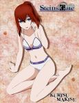  1girl arm_support barefoot bikini blue_eyes breasts feet hand_on_cheek kneeling legs makise_kurisu open_mouth ponytail redhead sitting small_breasts soles solo steins;gate swimsuit thighs toes wet white_bikini white_swimsuit 