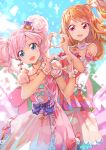  2girls aikatsu! amahane_madoka bare_shoulders blonde_hair blue_eyes blush bow brown_hair detached_collar dress gloves hat heart heart_hands highres jewelry koruse long_hair looking_at_viewer mini_top_hat multiple_girls necklace one_side_up oozora_akari open_mouth pink_hair red_eyes side_ponytail skirt smile top_hat twintails white_gloves 