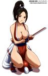  1girl ball black_hair breasts brown_eyes fan fatal_fury folding_fan gloves hair_tie highres king_of_fighters large_breasts ponytail revealing_clothes shiranui_mai shoes solo yas 