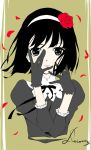  1girl bishoujo_mangekyou black_eyes black_gloves black_hair blush character_name dorothy_(bishoujo_mangekyou) flat_color flower gloves hair_flower hair_ornament hairband hands_on_own_face happoubi_jin pale_skin parted_lips petals rose rose_petals short_hair solo upper_body 