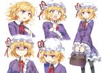  1girl :d :o bag blonde_hair blush breasts brooch crying crying_with_eyes_open dress e.o. expressions jewelry looking_at_viewer maribel_hearn mob_cap nervous no_hat open_mouth pantyhose short_hair smile surprised tears teeth touhou turn_pale violet_eyes 