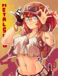  1girl adjusting_clothes adjusting_hat bandaid bandaid_on_face bangle baseball_cap bracelet breasts crop_top dog_tags fio_germi glasses green_eyes hat jewelry metal_slug midriff navel open_clothes open_vest pinky_out poch4n rimless_glasses round_glasses single_glove solo toned upper_body vest wrench wristband 
