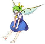  1girl absurdres baba_(baba_seimaijo) barefoot blue_eyes bow daiyousei dress fairy_wings green_hair hair_bow hair_ribbon highres open_mouth ribbon short_hair side_ponytail smile solo touhou wings 