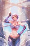  1girl arm_up bare_shoulders blonde_hair bow_(bhp) breasts cowboy_shot crop_top elbow_gloves fingerless_gloves gloves hand_on_hip highres looking_at_viewer navel original pants purple_hair short_hair smile solo sunlight 