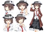  &gt;:) 1girl ;d blush breasts brown_hair collarbone collared_shirt d:&lt; e.o. expressions finger_gun hat hat_tip looking_at_viewer necktie one_eye_closed open_mouth pointing pointing_at_viewer profile red_eyes seductive_smile shirt short_hair skirt smile solo touhou trench_coat usami_renko 