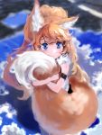  1girl animal_ears blue_eyes bob_(biyonbiyon) fox_ears fox_tail highres hug orange_hair original parted_lips solo tail tears 