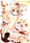  1girl animal_ears bloomers blush detached_sleeves geta hat inubashiri_momiji leaf looking_at_viewer maple_leaf moi_(licoco) nontraditional_miko pom_pom_(clothes) red_eyes short_hair solo tokin_hat touhou underwear white_hair wolf_ears 