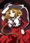  1girl blonde_hair capelet dress elly hat hat_removed headwear_removed juliet_sleeves long_sleeves looking_at_viewer puffy_sleeves red_dress scythe smile solo touhou yellow_eyes yozuki_shokora 