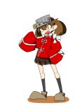  1girl brown_hair fang hands_in_sleeves japanese_clothes kantai_collection kariginu kneehighs long_hair long_sleeves magatama nassukun orange_eyes oversized_clothes ryuujou_(kantai_collection) skirt sleeves_past_wrists smile twintails visor_cap 