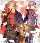  138_(artist) 2boys blonde dekoboko_arc duo genderswap gintama kunai male glasses mole multiple_boys png_conversion purple_hair sarutobi_ayame scar short_hair smoking_pipe text tsukuyo weapon 