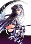  1girl aoi_rando ass blush cape character_request fang from_behind gloves gothic_wa_mahou_otome hood long_hair looking_at_viewer looking_back scythe silver_hair sitting smile striped striped_legwear thigh-highs yellow_eyes 
