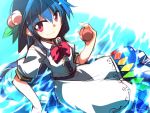 1girl blue_hair bow food fruit hat hemogurobin_a1c hinanawi_tenshi long_hair partially_submerged peach puffy_short_sleeves puffy_sleeves red_eyes shirt short_sleeves sitting skirt smile solo touhou water 