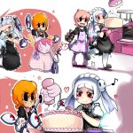  2girls absurdres apron baking bloody_marie_(skullgirls) blush cake captainkirb checkered_apron cooking extra_eyes eye_socket food frills fruit gloves hair_ornament heart highres kitchen magicalchan maid_headdress mechanical_arms mixing_bowl multiple_girls musical_note orange_hair oven pantyhose peacock_(skullgirls) red_eyes ribbon saliva sharp_teeth short_hair skull skull_hair_ornament star strawberry tongue tongue_out twintails whisk white_gloves 