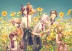  ahoge alternative_costume anthropomorphization arms_behind_back atsushi_toushirou black_hair brown_eyes brown_hair bucket cape child closed_eyes closed_mouth clothes_around_waist collar_(clothes) day field flower flower_field group hirano_toushirou holding holding_flower holding_object honebami_toushirou jacket jacket_around_waist leaf long_sleeves looking_at_another maeda_toushirou male medium_hair glasses namazuo_toushirou namie-kun necktie open_clothes open_mouth outdoors png_conversion shirt short_hair sky sleeves_rolled_up smile standing sunflower touken_ranbu twitter violet_eyes watering_can white_hair white_shirt yagen_toushirou yellow_flower 